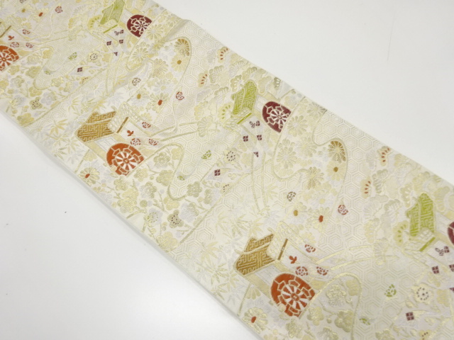 JAPANESE KIMONO / ANTIQUE FUKURO OBI / WOVEN SHOCHIKUBAI & CARRIAGE